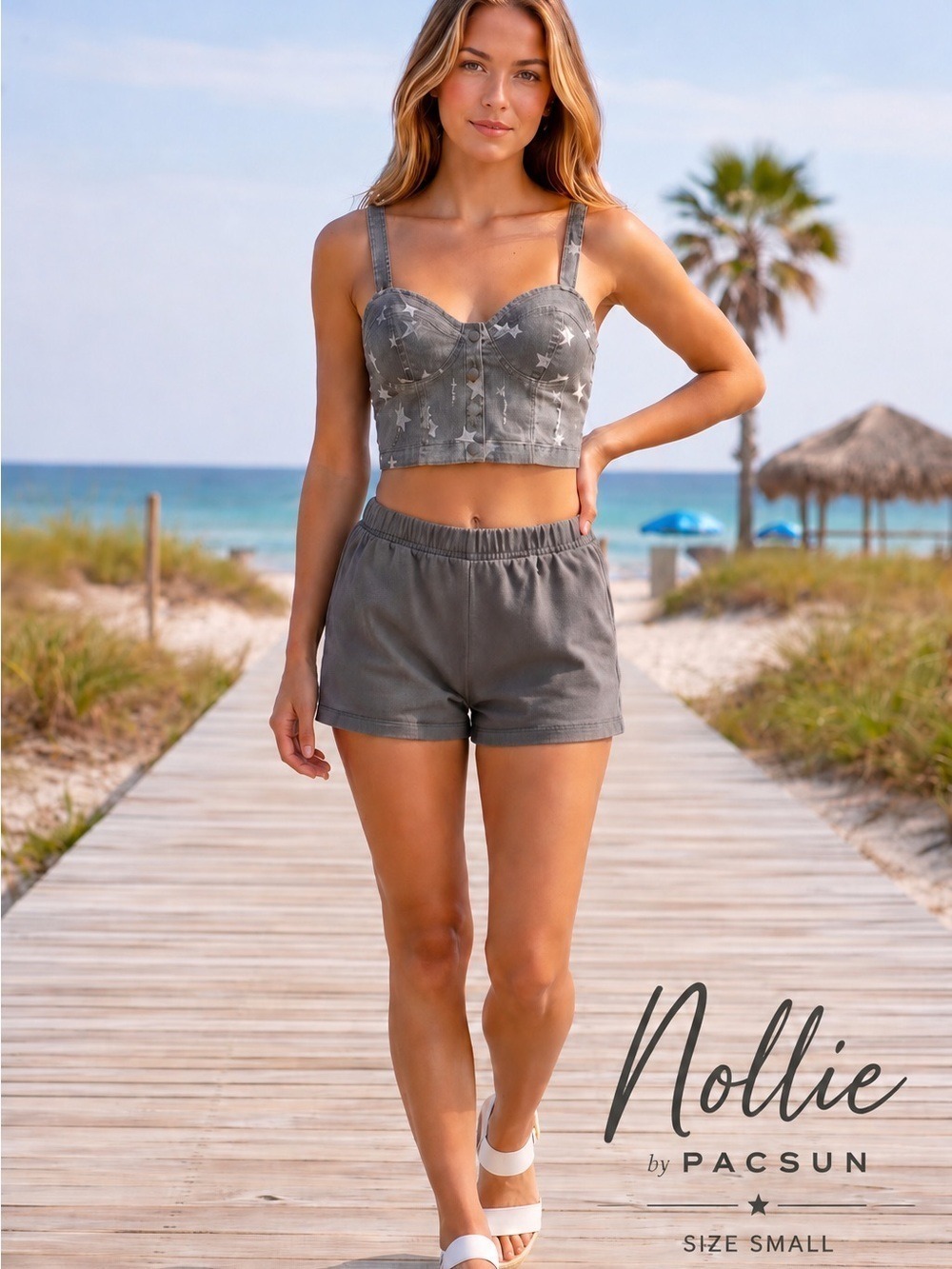 Nollie Star Print Bustier Crop Top Size Small Gray Distressed Y2K